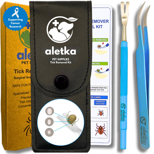 Safe & Complete Tick Removal Tool Kit • Support Cancer Research • Protective Leather Case • Tick ID & Instruction Card • Durable Stainless Steel • Dishwasher Safe • Easy to Use • Removes Tick Whole