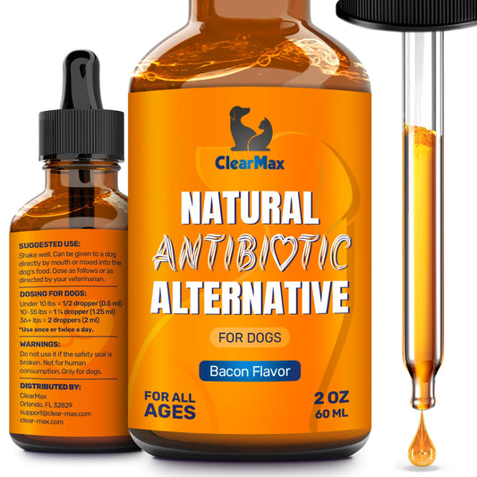 Dog Antibiotics for Infections, Allergies, Coughs – Natural Antibiotics for Dogs with Cranberry Provide Urination & Digestion Care – Natural Ingredients + Bacon Flavor – 2 Oz