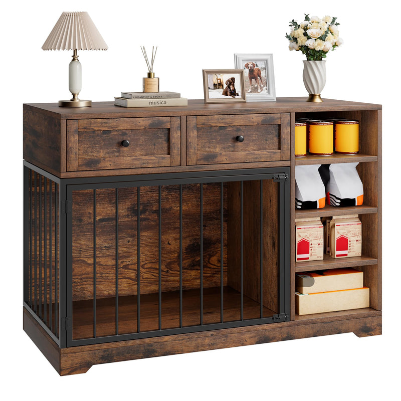 IDEALHOUSE 47” Large Dog Crate, Dog Kennel Indoor with 2 Drawers and 4 Shelves, Dog Crate Furniture TV Stand, Wooden Dog Cage for Medium Large Dogs, Brown