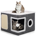 Shikha Cat Beds for Indoor Cats, Large Cat Cave with Cozy Condo, Fluffy Ball, Round Window, Foldable Indoor Cat House Hold Up to 30LBS, Cat Hideaway with Reversible Cushions for All Seasons, Grey