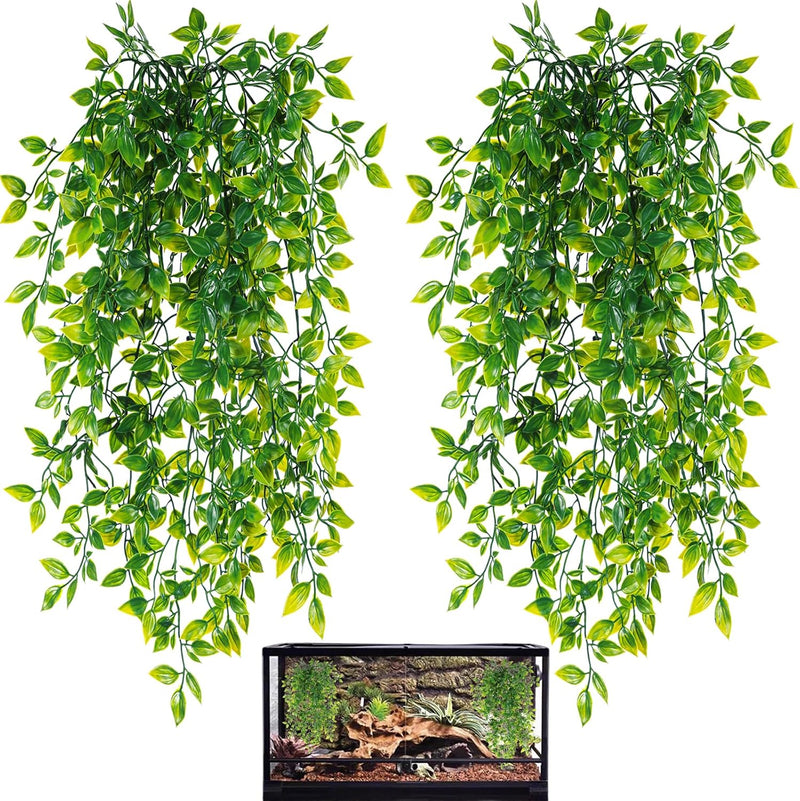 HERCOCCI Reptile Plants, 2 Pack Terrarium Hanging Plants Vines Artificial Leaves Habitat Decorations with Suction Cup fo