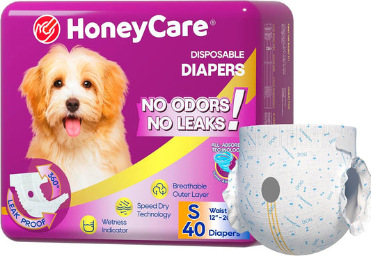 HONEY CARE All-Absorb Disposable Female Dog Diapers Small Size, Improved, 40 Count, Super Absorbent, Breathable, Wetness