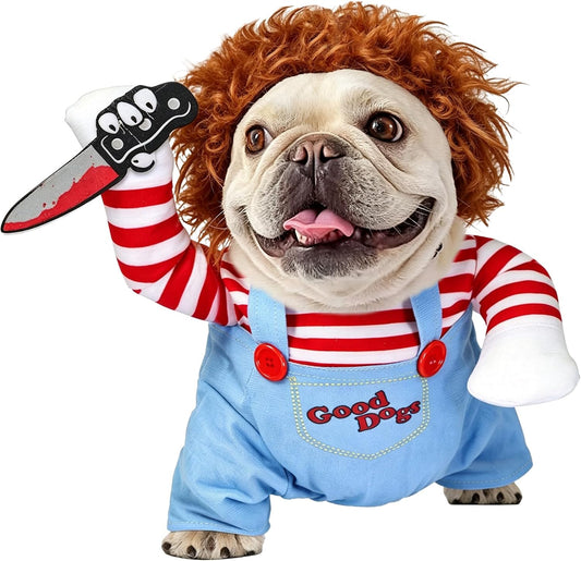 Dog Halloween Costumes, Funny Dog Killer Doll Costume with Wig and Knife, Adjustable Pet Halloween Cosplay Costume for S