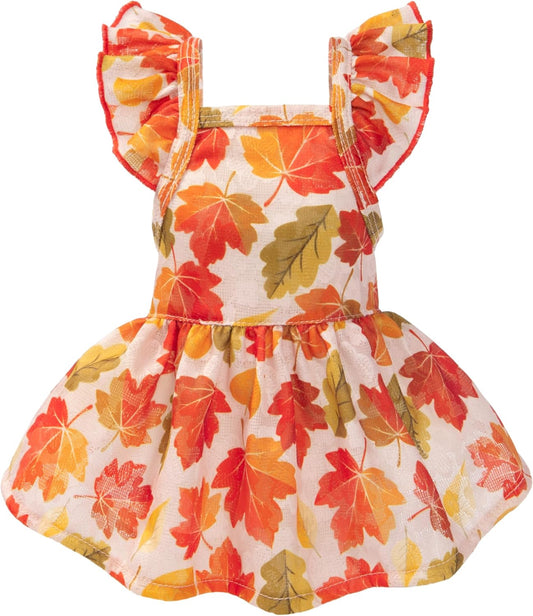 Fitwarm Maple Dog Dress, Ruffled Doggy Thanksgiving Dress, Fall Dog Clothes for Small Dogs Girl, Pet Outfit, Red, Orange