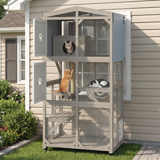 66.2" Catio Outdoor Cat Enclosure with Wheels & Window Access, Portable Large Wooden Cat Catio Cage for Balcony Patio, Weatherproof Expandable Cat House with 4 Platforms for Indoor Outdoor Cats