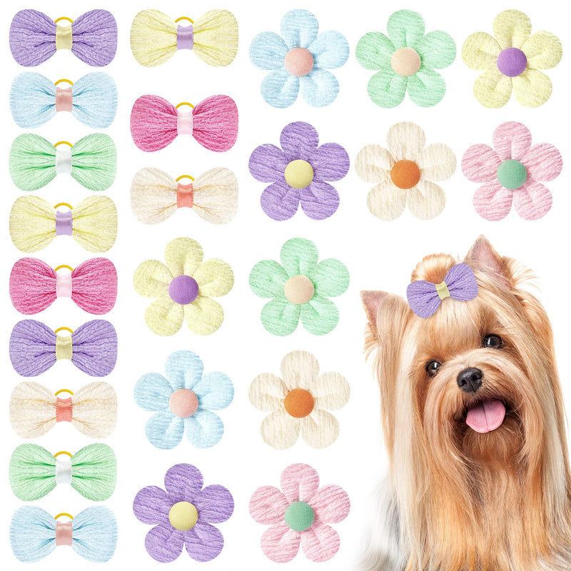 SUMMORO 24Pcs Cute Flower Dog Hair Bows with Rubber Bands Handmade Puppy Dog Grooming Bows for Dogs Girls for Holiday Spring Easter Puppy Yorkie Pet Hair Accessories