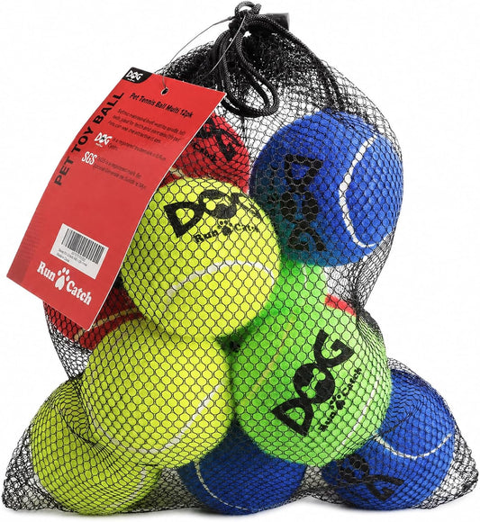 INSUM Tennis Balls for Dogs - 12 Pack 2.5'' Durable Non-Toxic Outdoor Dog Toys Balls with Mesh Bag, SGS Certified, Colorful Fetch Toys, Medium Large Breeds (Non Squeaky)