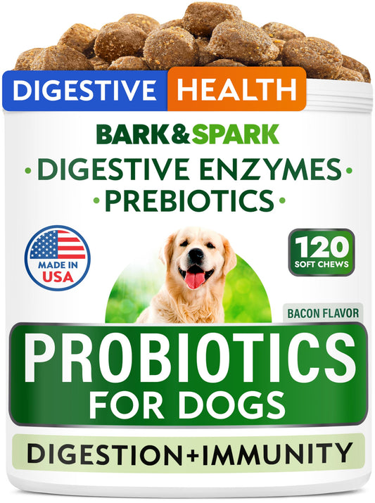 BARK&SPARK Dog Probiotics & Digestive Enzymes (Gut Health) Allergy & Itchy Skin - Pet Diarrhea Gas Treatment Upset Stomach Relief Pill, Digestion Health Prebiotic Supplement Tummy Treat (120Ct Bacon)