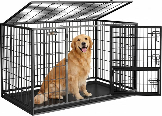 Feandrea 48 Inch Heavy Duty Dog Crate, Metal Escape Proof Dog Kennel with Double Doors and Convenient Feeding Door, Removable Tray, Easy to Clean, XXL Dog Crate for Large and Medium Dogs, Black