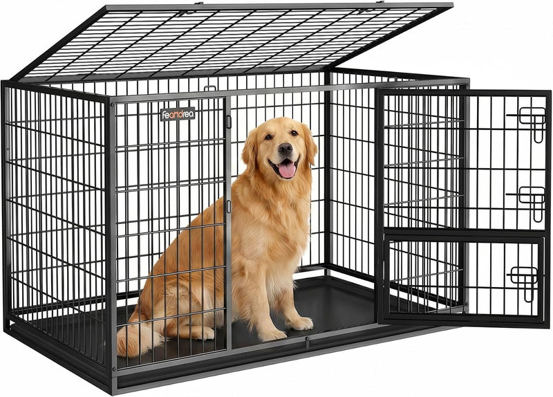 Feandrea 48 Inch Heavy Duty Dog Crate, Metal Escape Proof Dog Kennel with Double Doors and Convenient Feeding Door, Removable Tray, Easy to Clean, XXL Dog Crate for Large and Medium Dogs, Black