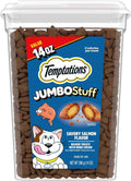 Temptations Jumbo Stuffed Cat Treats, Crunchy and Soft Cat Treats, Savory Salmon Flavor, 14 oz. Tub