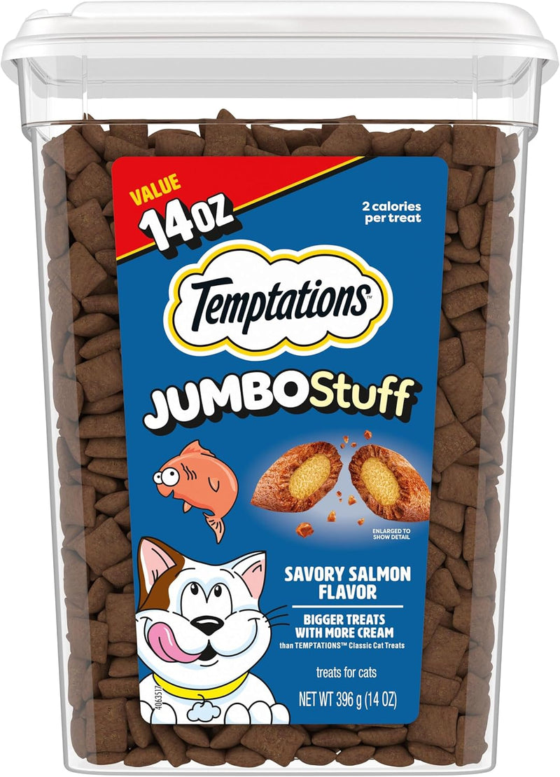 Temptations Jumbo Stuffed Cat Treats, Crunchy and Soft Cat Treats, Savory Salmon Flavor, 14 oz. Tub