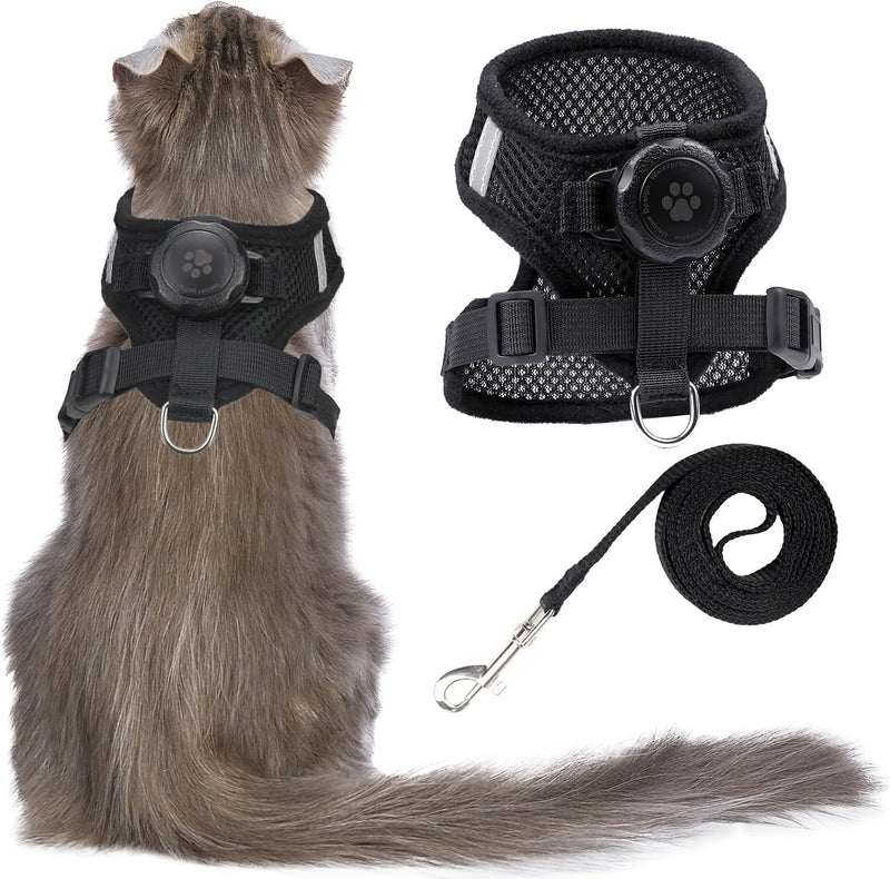 Waterproof AirTag Cat Harness & Leash, Escape Proof Vest (Black, M)