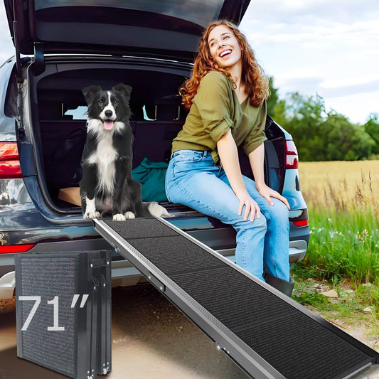 RUBLELITIE Dog Ramp for Cars SUV Truck-17.3"x71" Heavy Duty Foldable Wide Outdoor Pet Stairs with Non-Slip Surface Portable Folding Design for Large Dogs Up to 250lbs (71" L x 17.3" W)