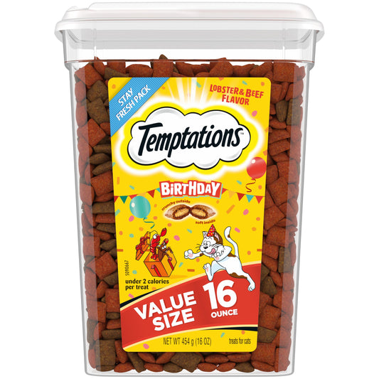 Temptations Birthday Cat Treats, Crunchy and Soft Cat Treats, Lobster & Beef Flavor, 16 oz. Tub