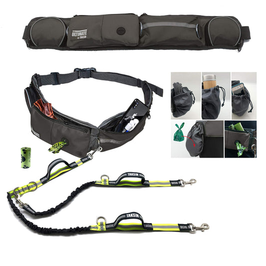 TAKSIN The Ultimate Hands Free Two Dogs Double Leash System for Walking Running Hiking Training, Reflective Bungee Leash, Treat Holder, Poop Bag Dispenser Small Medium Large Dogs (Grey Deluxe Pack)