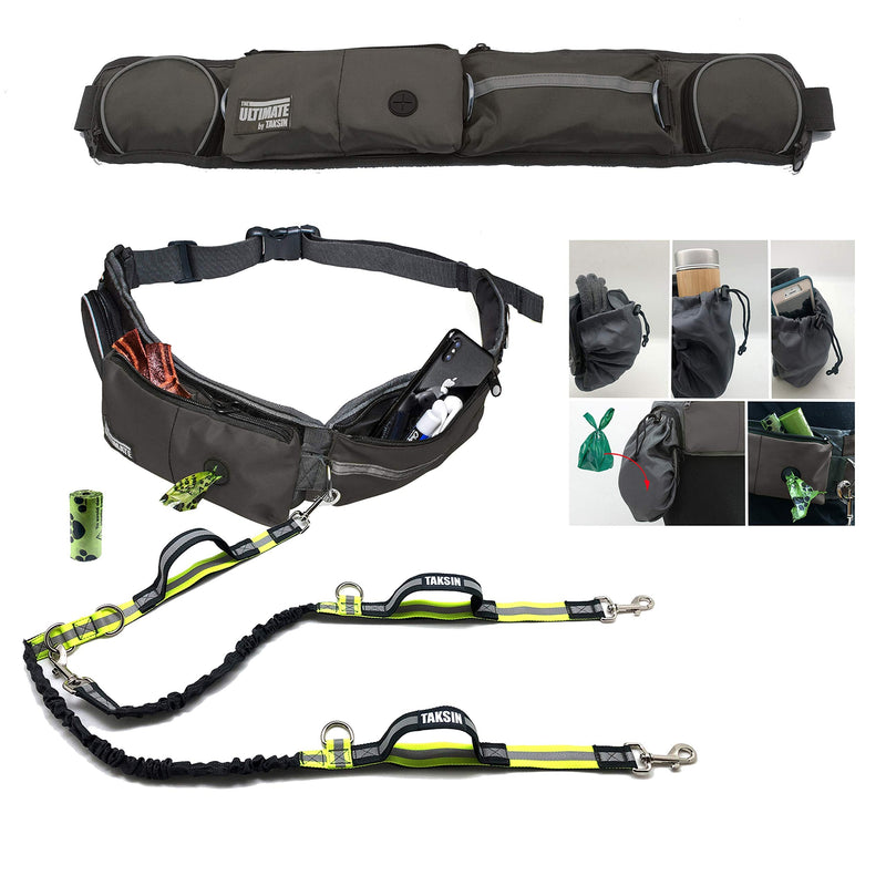 TAKSIN The Ultimate Hands Free Two Dogs Double Leash System for Walking Running Hiking Training, Reflective Bungee Leash, Treat Holder, Poop Bag Dispenser Small Medium Large Dogs (Grey Deluxe Pack)