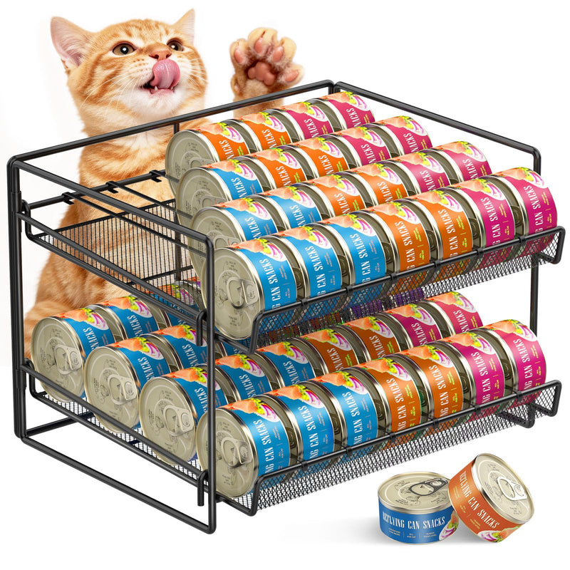 Cat Food Can Organizer, Can Organizer for Pantry, 2-Tier Metal Cat Food Storage Container Holds 56 (3.5oz) Cans，Adjustable Canned Food Organizer and Storage for Counter Kitchen Cabinet (Black, 2 Tier)