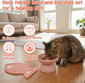 Ceramic Raised Slow Feeder Cat Bowl with Lick Mat, for Indoor Cats and Small Dogs Like Chihuahua, French Bulldog, Poodle,Anti Vomiting for Dry and Wet Food-Pink Bowl+Lick Mat