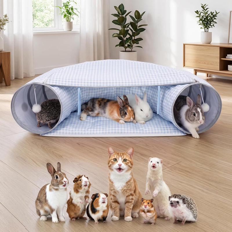 Bunny Tunnel Bed, 2-in-1 Collapsible Rabbit Guinea Pig Hideout, Blue