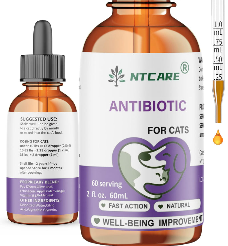 Antibiotics for Cats, Natural Antibiotic Pet Supplements Supports Immune & Cats Allergy Relief, Cat Multivitamin UTI Drops for All Ages & Breeds of Cat, Fish Flavour - 2 Fl Oz / 1 Pack