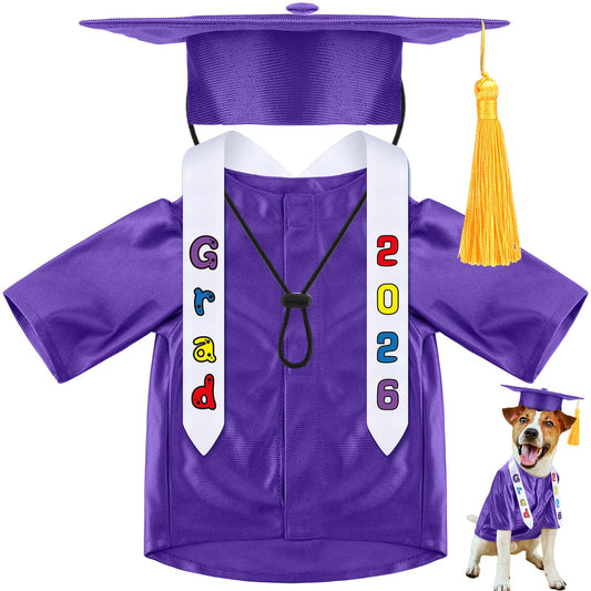 Chicingyou Small Dog Graduation Cap and Gown 2026 with Stole Washable Shirt and Hat Pet Graduation Gown Costume Outfit for Tiny Dog Little Cat Doll Clothes Holiday Halloween Costume Accessory(Purple)