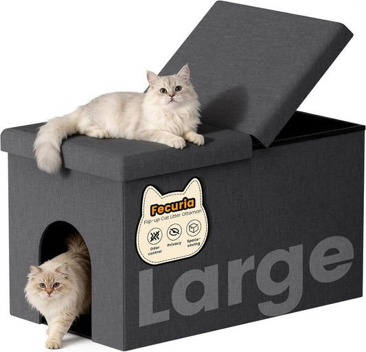 Fecuria 3-in-1 Cat Litter Box Enclosure with Odor Control, Multi-Functional Hidden Litter Box Furniture Bench, Dog Proof, Space-Saving Ottoman Cabinet with Flip-Up Lid, Storage Footrest, Dark Grey