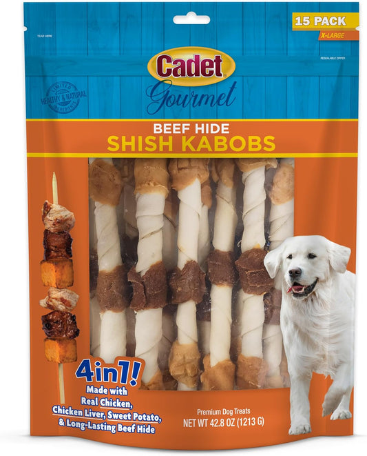 Cadet Gourmet X-Large Triple-Flavored Beef Hide Shish Kabob Dog Treats - Healthy & Natural Chicken, Liver, and Sweet Pot