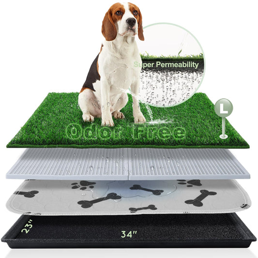 HQ4US 4LEGS Dog Grass Pad with Tray Large 34’’×23’’, Ultra-Absorbent Artificial Grass Pad for Dogs Potty Grass Hemmed Edge for Indoor Potty Training, Reusable Dogs Pee Pads, Dog Litter Box for Balcony