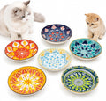 Ceramic Cat Bowls Set of 6 - Colorful Cute Shallow Cat Dishes - Great for Multi-Pet Homes - 5.6 Inch, Whisker Friendly and Wide - Microwave & Dishwasher Safe - 5.3 oz (185 ml)