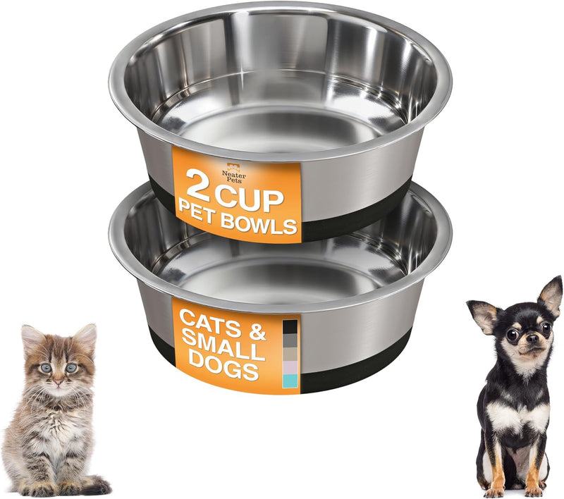 Neater Pet Brands Stainless Steel Dog Bowls with Non-Slip Rubber Bottom – 2 Cup (16 oz), Black - Set of 2 Heavy Duty Met