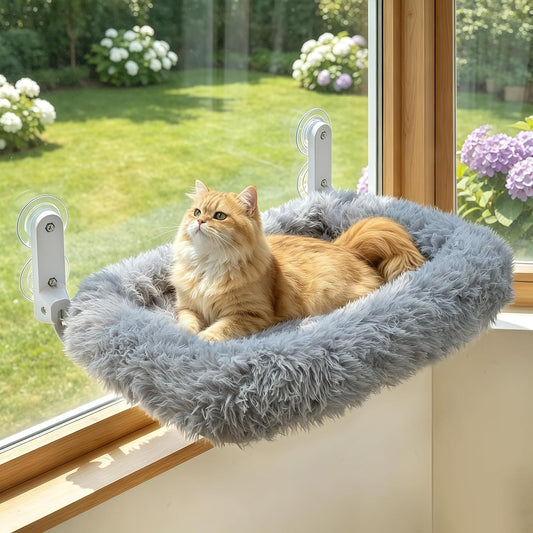 Zoratoo Cloud-Snuggle Cat Window Perch with 4-Sided Ultra-Thick & Fluffy Plush Cushion Bed, Foldable Cordless Cat Window Hammock for Window with Sturdy Metal Frame for Large Cats and Kittens (M, Gray)