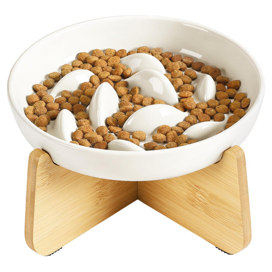 PETTOM Slow Feeder Cat Bowl with Stand, Ceramic Slow Eating Cat Bowl with Higher Edges Fish Pool Design Elevated Food Bowls for Dry and Wet Food Anti-Vomiting Puzzle Feeder for Healthy Eating Diet
