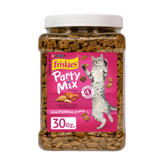 Purina Friskies Party Mix California Crunch with Chicken and Flavors of Turkey and Bacon Cat Treats - 30 oz Canister