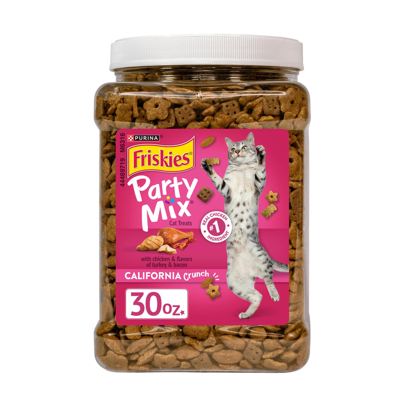 Purina Friskies Party Mix California Crunch with Chicken and Flavors of Turkey and Bacon Cat Treats - 30 oz Canister