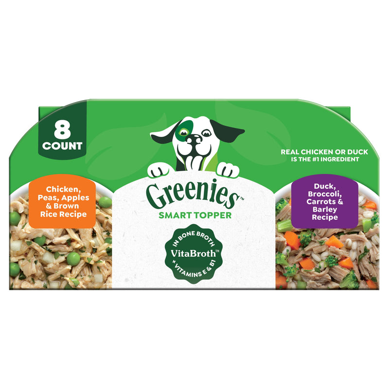 Greenies Smart Topper High Protein Wet Mix-in for Dogs, Chicken, Peas, Apples, and Brown Rice Recipe & Duck, Broccoli, Carrots and Barley Recipe Variety Pack with Whole Grains, 8 Trays of 2 oz.