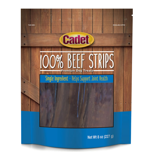 Cadet 100% Beef Strips Dog Treats, Single Ingredient Beef Esophagus Dog Jerky, Healthy High Protein Rawhide Alternative for Small & Large Dogs, 8 Ounce