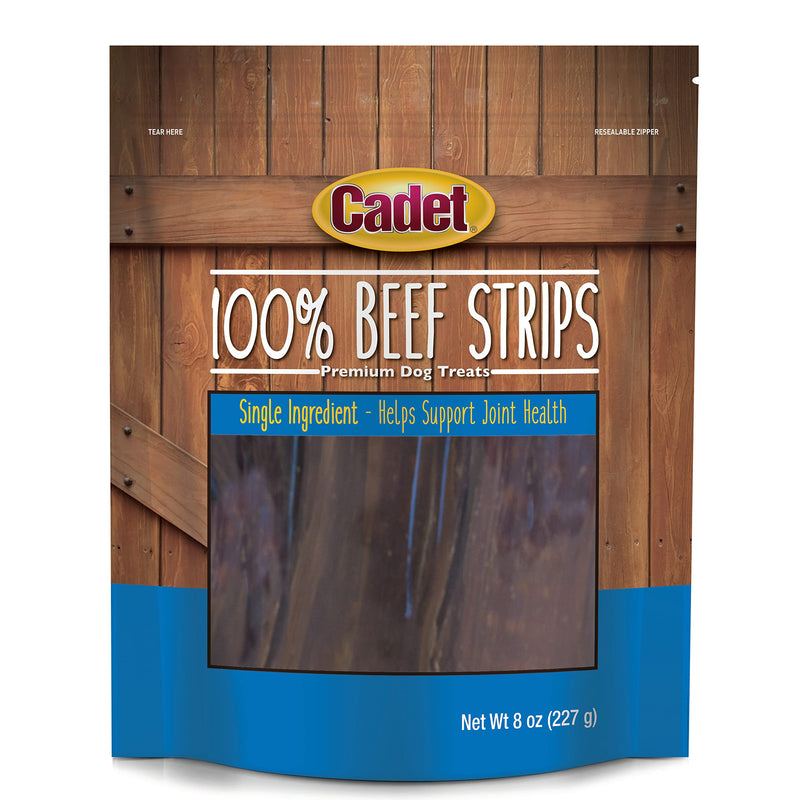 Cadet 100% Beef Strips Dog Treats, Single Ingredient Beef Esophagus Dog Jerky, Healthy High Protein Rawhide Alternative for Small & Large Dogs, 8 Ounce