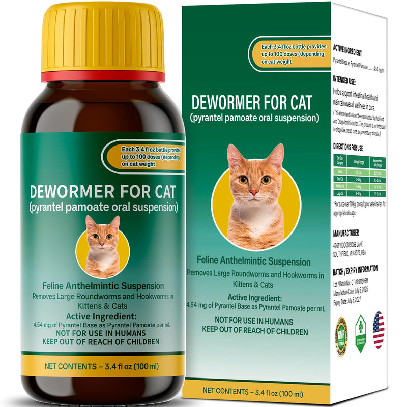 Cat & Kitten Dewormer for All Wormers, Pyrantel Pamoate, Roundworms & Hookworms, Liquid, 100ml
