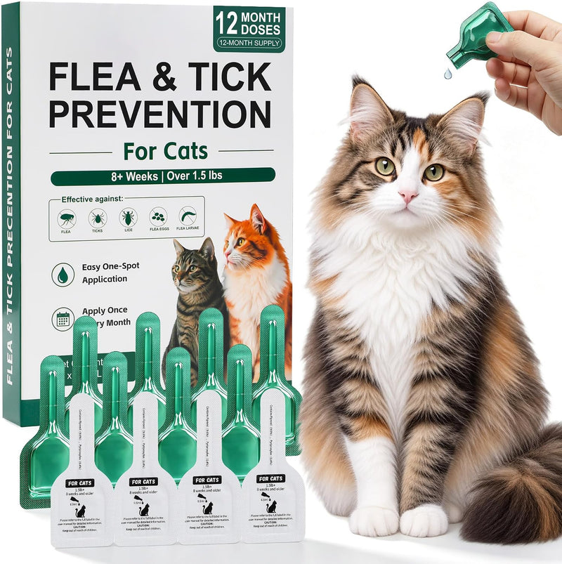 Flea and Tick Drops for Cats, Cat Flea Drops, Easy Spot-On Use, 12 Pack