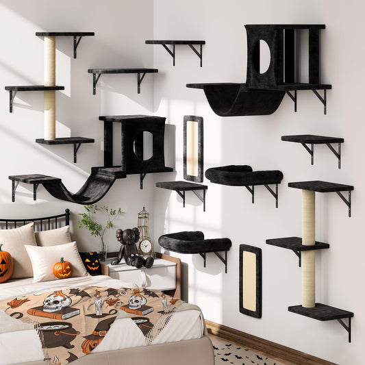 12-in-1 Cat Wall Shelves, Wall Mounted Cat Climber with Condo House, Scratching Post, Bridge Ladder, Space-Saving Indoor Play Furniture for Kittens, Black