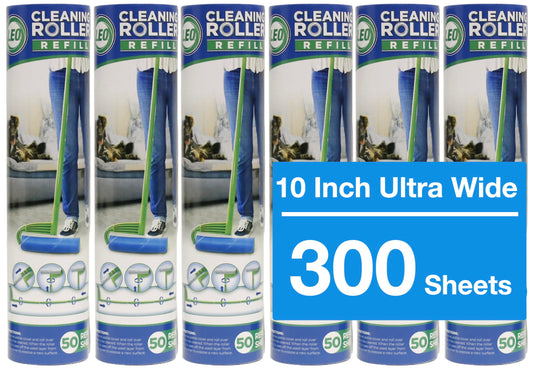 Leo Large 10-Inch Wide Lint Roller Refills 6 Rolls 300 Ultra-Wide Sheets for Lint Removers Household Cleaning Easily Remove Pet Hair Dust and Debris from Floors Carpets and Furniture