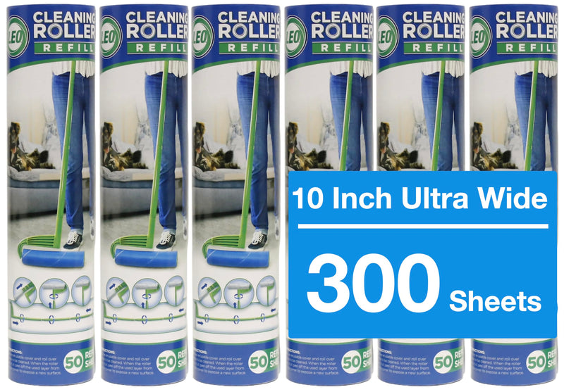 Leo Large 10-Inch Wide Lint Roller Refills 6 Rolls 300 Ultra-Wide Sheets for Lint Removers Household Cleaning Easily Remove Pet Hair Dust and Debris from Floors Carpets and Furniture