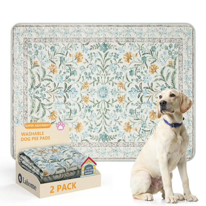 Lahome Washable Reusable Pee Pads for Dogs - Beige Botanical Floral 2 Pack Puppy Pads, Super Absorbent & Waterproof Training Mats for Crate & Floor - Leakproof with Non-Slip Backing (36