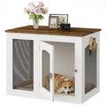 CHOEZON Wooden 30.1" Dog Crate Furniture, Farmhouse Pet Cage End Table with Secure Lock, Ventilated Mesh for Medium Dogs, Dog Kennel Furniture for Living Room, Bedroom, White and Walnut MGW02WL