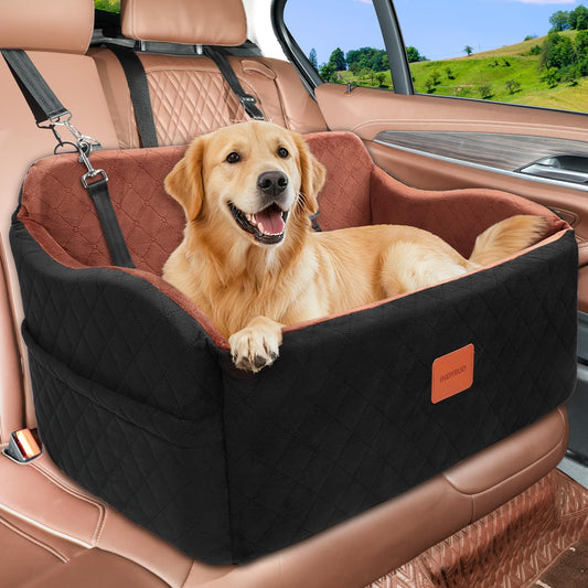INDYBUD Dog Car Seat for Medium/Large Dogs, Memory Foam Pet Booster Seat for Under 55 lbs or 2 Small Dogs, Detachable Dog Car Bed for Backseat with 2 Safety Leashes and Pockets(Black/Brown, Large)