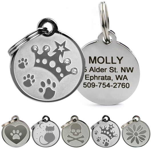 GoTags Designer Pet ID Tags in Stainless Steel for Dogs and Cats, Custom Engraved with 4 Lines of Personalized ID, Cute, Unique Pet Tags in Several Fun Designs