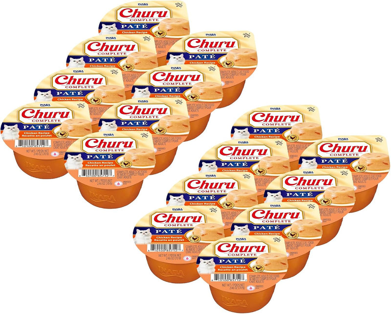 INABA Churu Complete Pate for Cats, Grain-Free, High Protein & Moisture, Wet Cat Food with Fish Oil, 2.46oz. Cup, 8 Cups