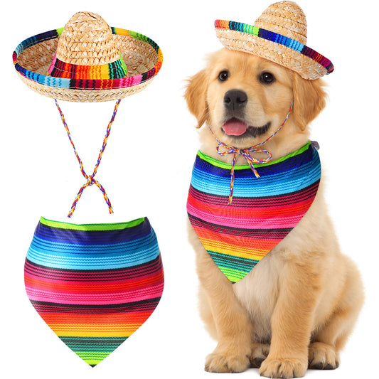 Saintrygo Dog Sombrero Hat Pet Carnival Costume Straw Mexican Hat and Dog Bandana Pet Triangle Bib for Mexican Cowboy Carnival Decorations