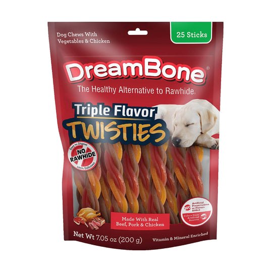 DreamBone Triple Flavor Twisties Dog Treats, Daily Rawhide-Free Chew, Digests Safely, with Real Protein, Beef, Pork, Chicken and Veggies, 25 Count